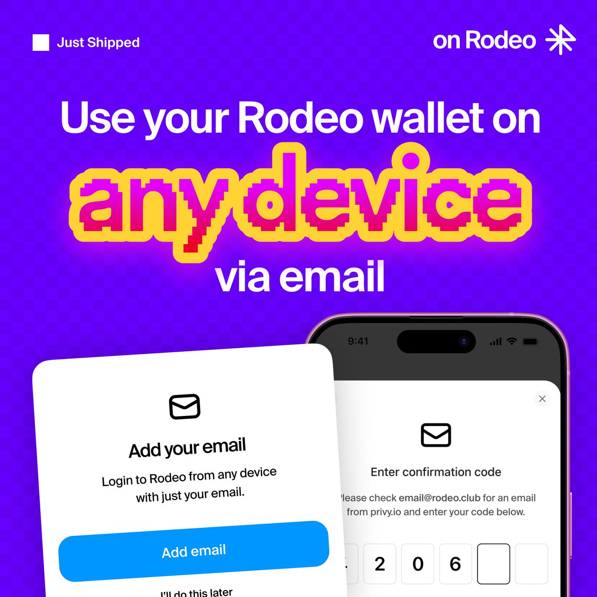 tired: "hang on, let me set up my wallet on this device first"

wired: "i'll just log in with my email"

No need to export your seed phrase onto yet another device.

Add your email once and access your Rodeo wallet everywhere.