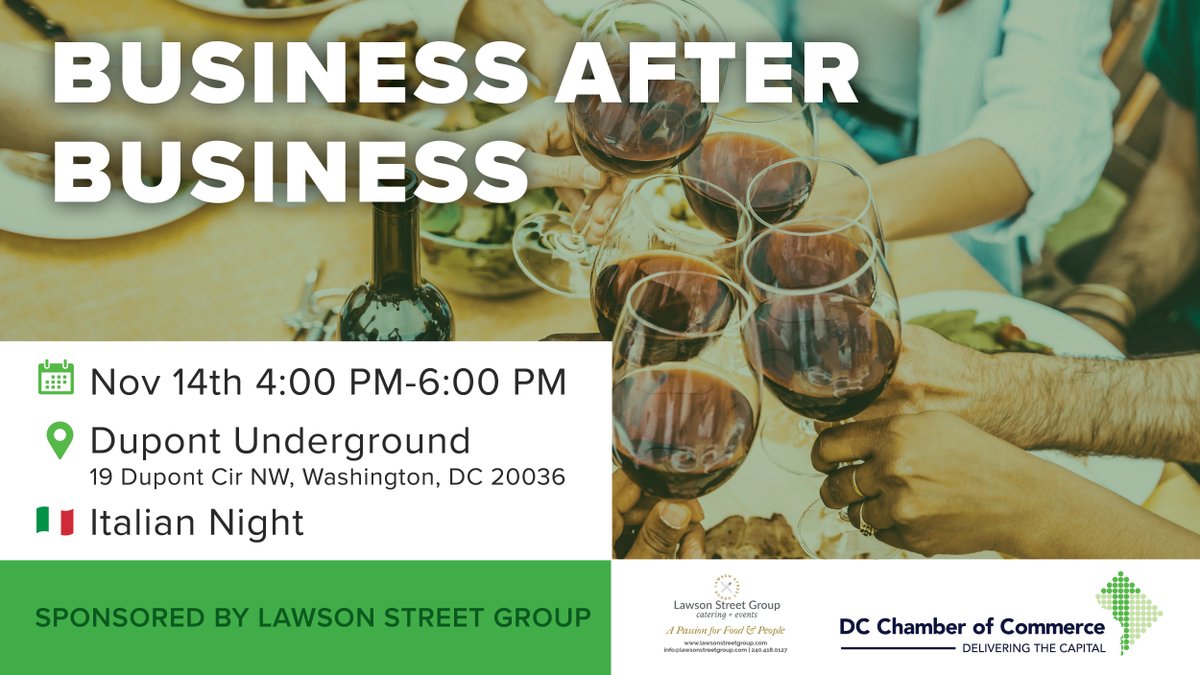 Our Business After Business event series is the perfect opportunity to network with like-minded business owners and professionals in the District.

Date: November 14
Time: 4:00-6:00pm
Location: Dupont Underground

Don't miss this one! Sign up here: bit.ly/3NTczLV
