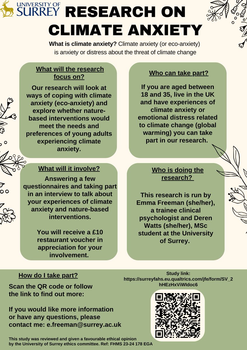Emma Freeman (@emma_gfreeman) on Twitter photo Research opportunity 📢
Have you experienced climate anxiety? I would like to hear form you!
Contact me at e.freeman@surrey.ac.uk or follow the link to take part!
surreyfahs.eu.qualtrics.com/jfe/form/SV_2h…
Please RT and share with anyone who may be interested in taking part. Research opportunity 📢
Have you experienced climate anxiety? I would like to hear form you!
Contact me at e.freeman@surrey.ac.uk or follow the link to take part!
surreyfahs.eu.qualtrics.com/jfe/form/SV_2h…
Please RT and share with anyone who may be interested in taking part.