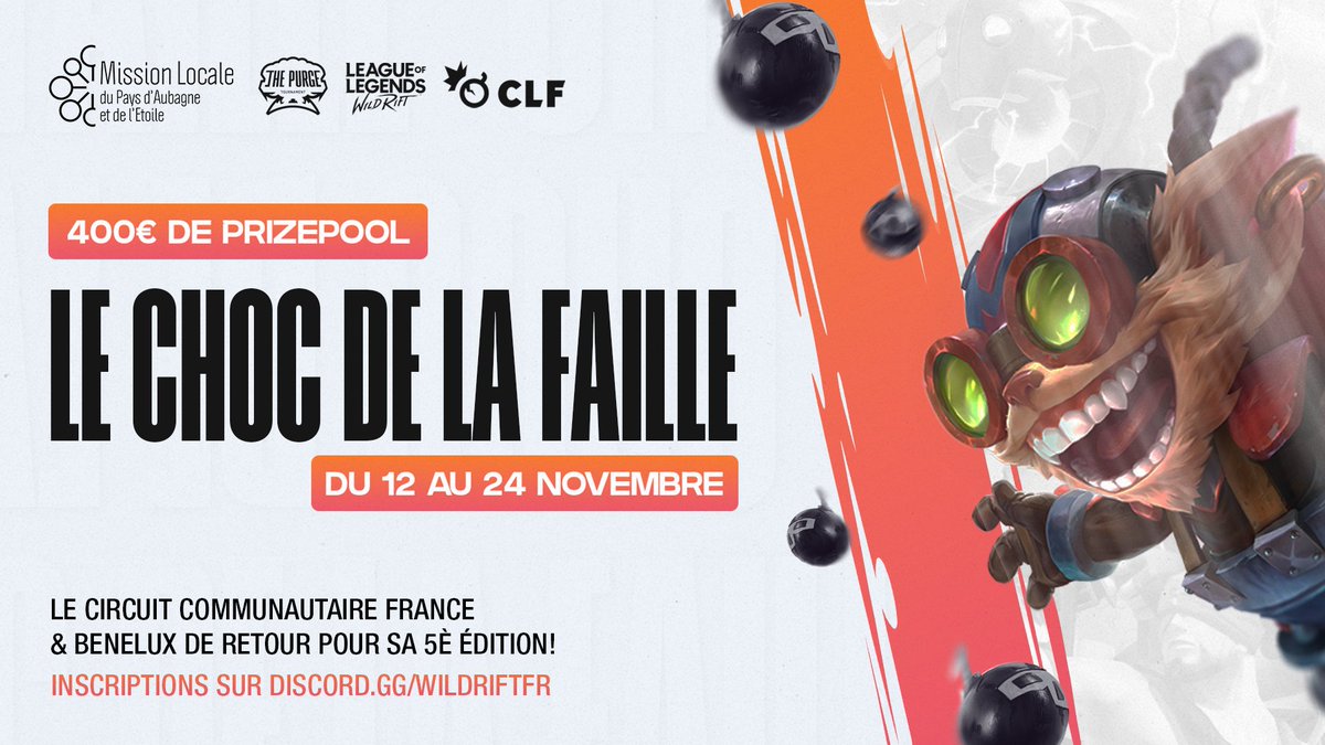 Le Choc de La Faille pour sa 5ème édition ! 💥

🗓️ 16 au 24 Novembre
💸 400€ et des skins à gagner
⚔️ Circuit 5v5 <a href="/wildriftFR/">League of Legends: Wild Rift France</a> 
🔥 France, Suisse et Benelux
❤️ Sponsorisé par la <a href="/MLocaleAubagne/">Mission Locale d'Aubagne</a> 

Pour en savoir plus, c'est par ici
👉 discord.gg/wildriftfr