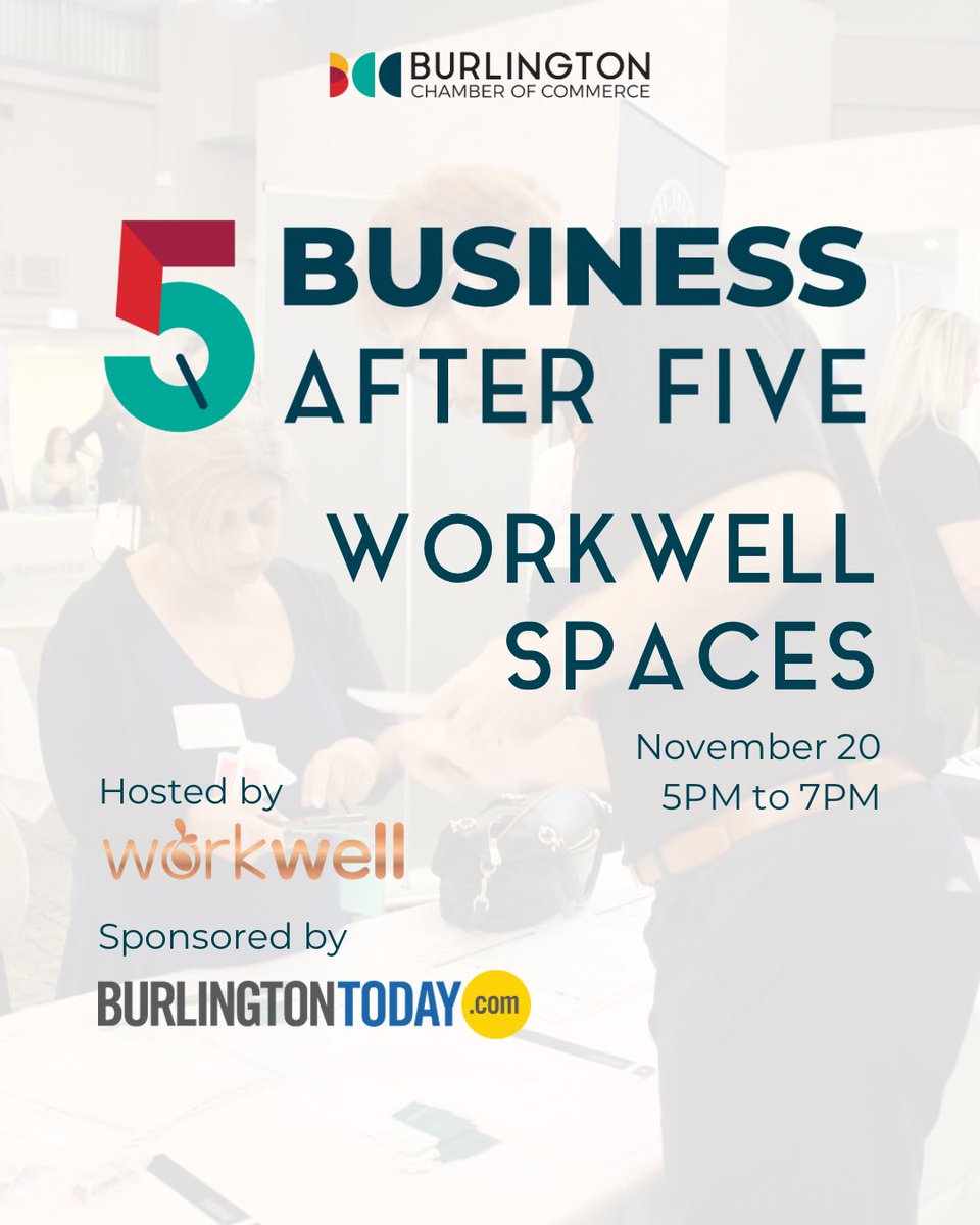 burlingtoncofc's tweet photo. Join us on November 20th at WorkWell Spaces for Business After 5! Sponsored by @BurlingtonTday 

FREE to members➡️Register at https://t.co/tNlqivaFud

#BurlOnBiz #BurlingtonNetworking https://t.co/HE80hlpM2m