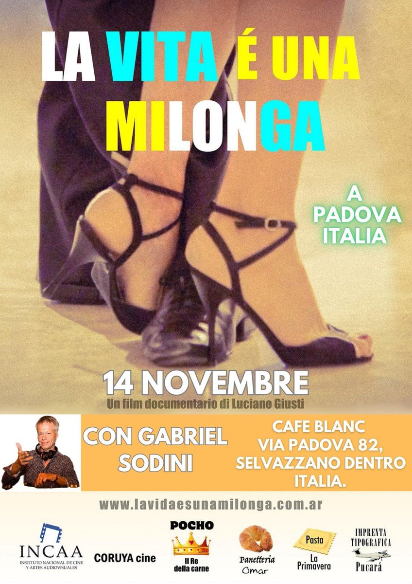 lavidaesmilonga's tweet photo. El 14 de noviembre se proyectará La Vida es una Milonga en Padova, Italia, en el Café Blanc, Via Padova 82, Selvazzano Dentro, Italia. Para más información: https://t.co/xa6xT9mzjM #tango #milonga #lavidaesunamilonga #cine #cineargentino #documental #Padova https://t.co/JseKgR5Jbf