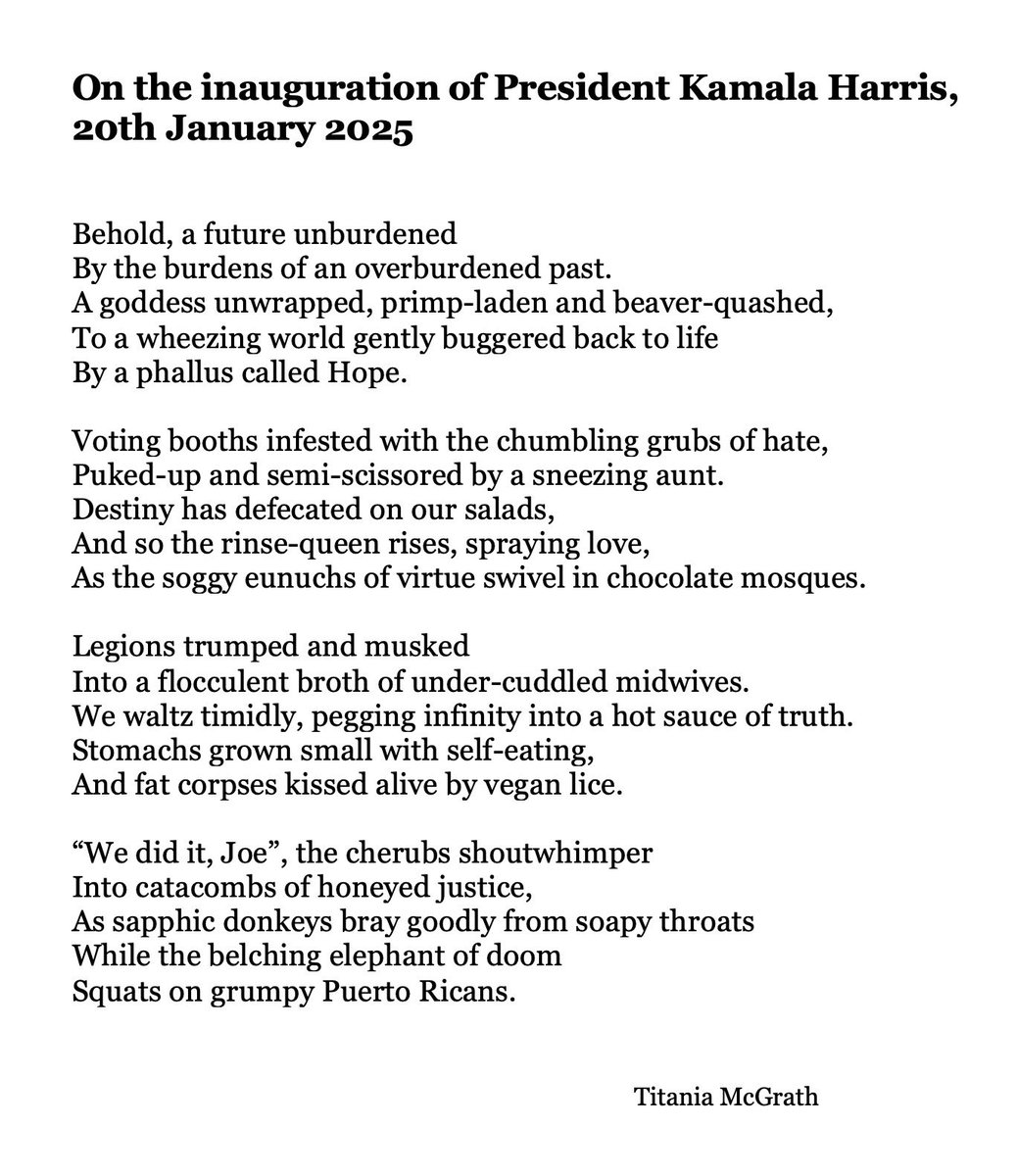 To celebrate the election of President Kamala Harris, I present the poem that I will be performing at her inauguration. 

You’re welcome.