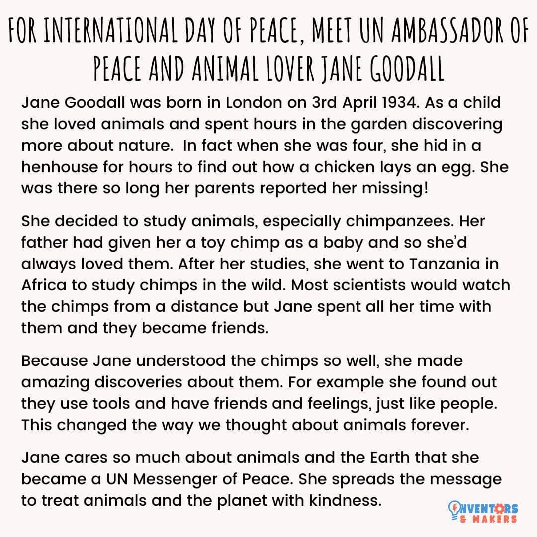 World Science Day for Peace and Development is on Sunday so Jane's story and amazing discoveries are perfect to share this week.

#stemheroes #inventorandmakeroftheweek #janegoodall #worldscienceday #worldsciencedayforpeaceanddevelopment #worldsciencedayforpeaceanddevelopment2025