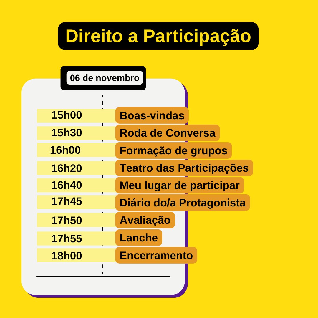 CEDECA_TO's tweet photo. No dia 06 de novembro, vai acontecer o 10º Encontro do Curso Protagonismo Político e Cultural, no CRAS Taquari, das 15h30 às 18h. Durante o encontro, vamos conversar sobre o direito das crianças e adolescentes à participação, com base na realidade do setor Taquari. 🧐
#CedecaTO https://t.co/aFxcLza5S5