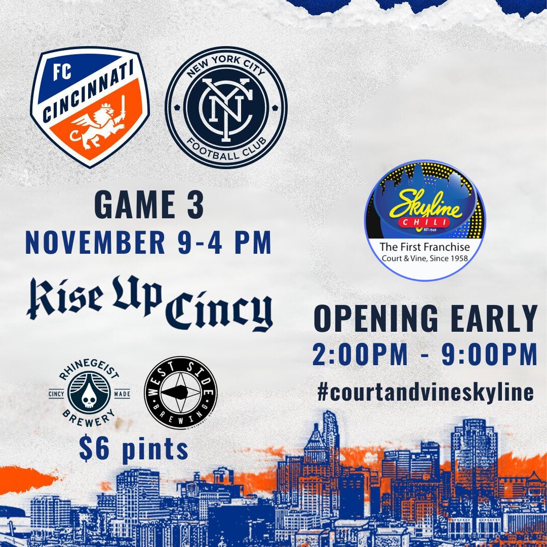 1001VineSt's tweet image. Opening early for the @fccincinnati match! Pouring chili and draft beers starting at 2:00pm! @rhinegeist @WestSideBrewing @Skyline_Chili #allforcincy #courtandvineskyline #itsskylinetime