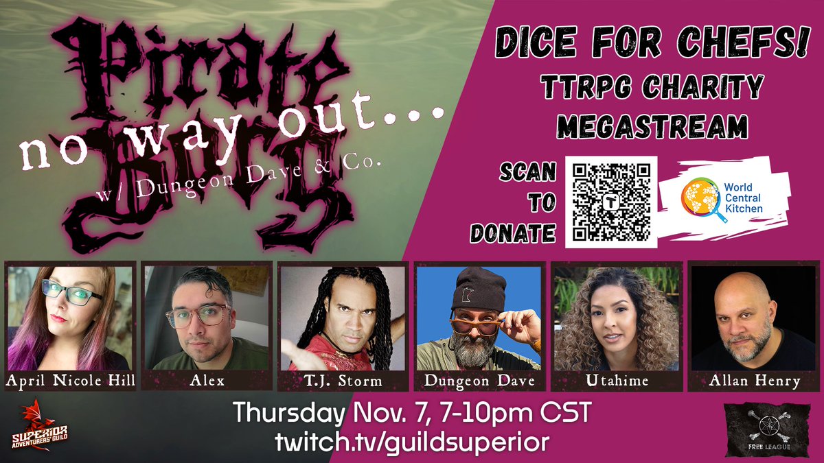 April Nicole Hill (@aprilnicolehill) on Twitter photo 🏴☠️ November 7th at 5pm PST/ 7pm CST on <a href="/GuildSuperior/">Guild Superior</a> @d_mdave <a href="/BrianaDeCoster/">Utahime➡️TBA</a> , TJ Storm, Allan Henry, Alex, and me are playing #PirateBorg by <a href="/FreeLeaguePub/">Free League Publishing</a> to raise funds for <a href="/WCKitchen/">World Central Kitchen</a> 🏴☠️
☠️ Hope you will join us!
#ttrpg #games #WorldCentralKitchen 🏴☠️ November 7th at 5pm PST/ 7pm CST on <a href="/GuildSuperior/">Guild Superior</a> @d_mdave <a href="/BrianaDeCoster/">Utahime➡️TBA</a> , TJ Storm, Allan Henry, Alex, and me are playing #PirateBorg by <a href="/FreeLeaguePub/">Free League Publishing</a> to raise funds for <a href="/WCKitchen/">World Central Kitchen</a> 🏴☠️
☠️ Hope you will join us!
#ttrpg #games #WorldCentralKitchen