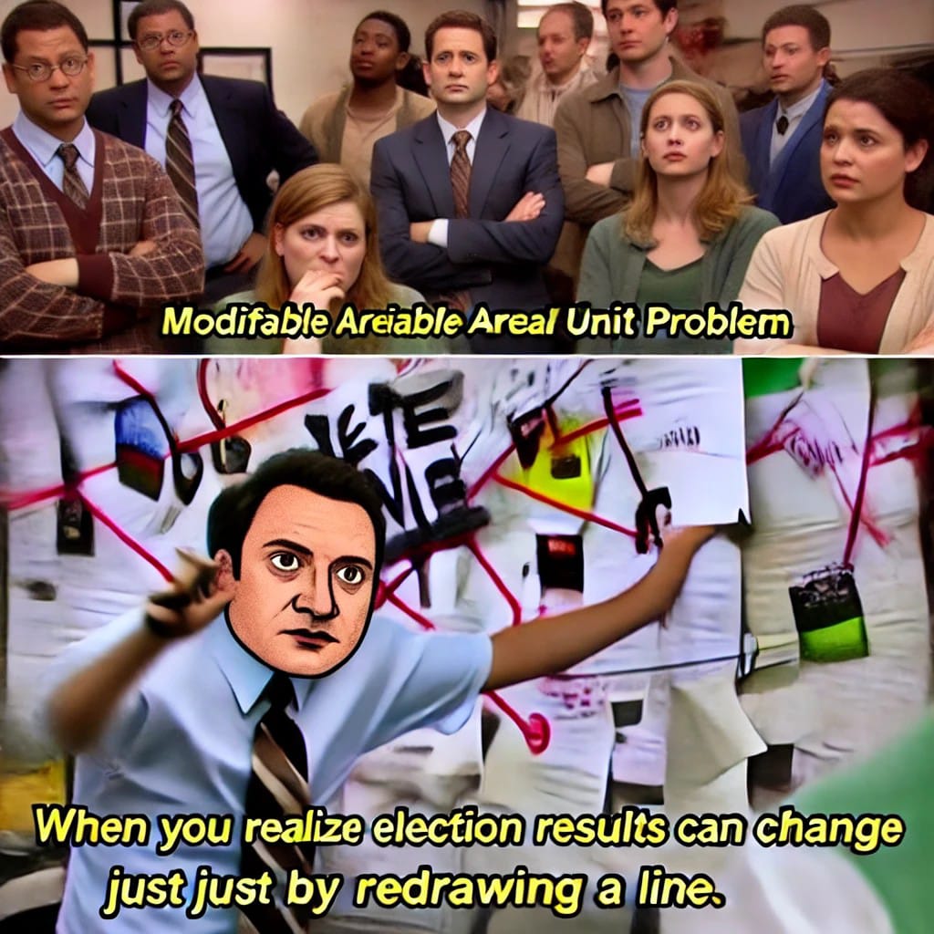 MatthiasDorner1's tweet photo. It's the geography, stupid! 

@yohaniddawela explains why every four years, everyone's talking about the geography of the US election system and #maup. #maup is the spatial analysis equivalent to the well known simpson paradoxon in statistics #USElection2024 #dataliteracy https://t.co/FQPrNCxwKy