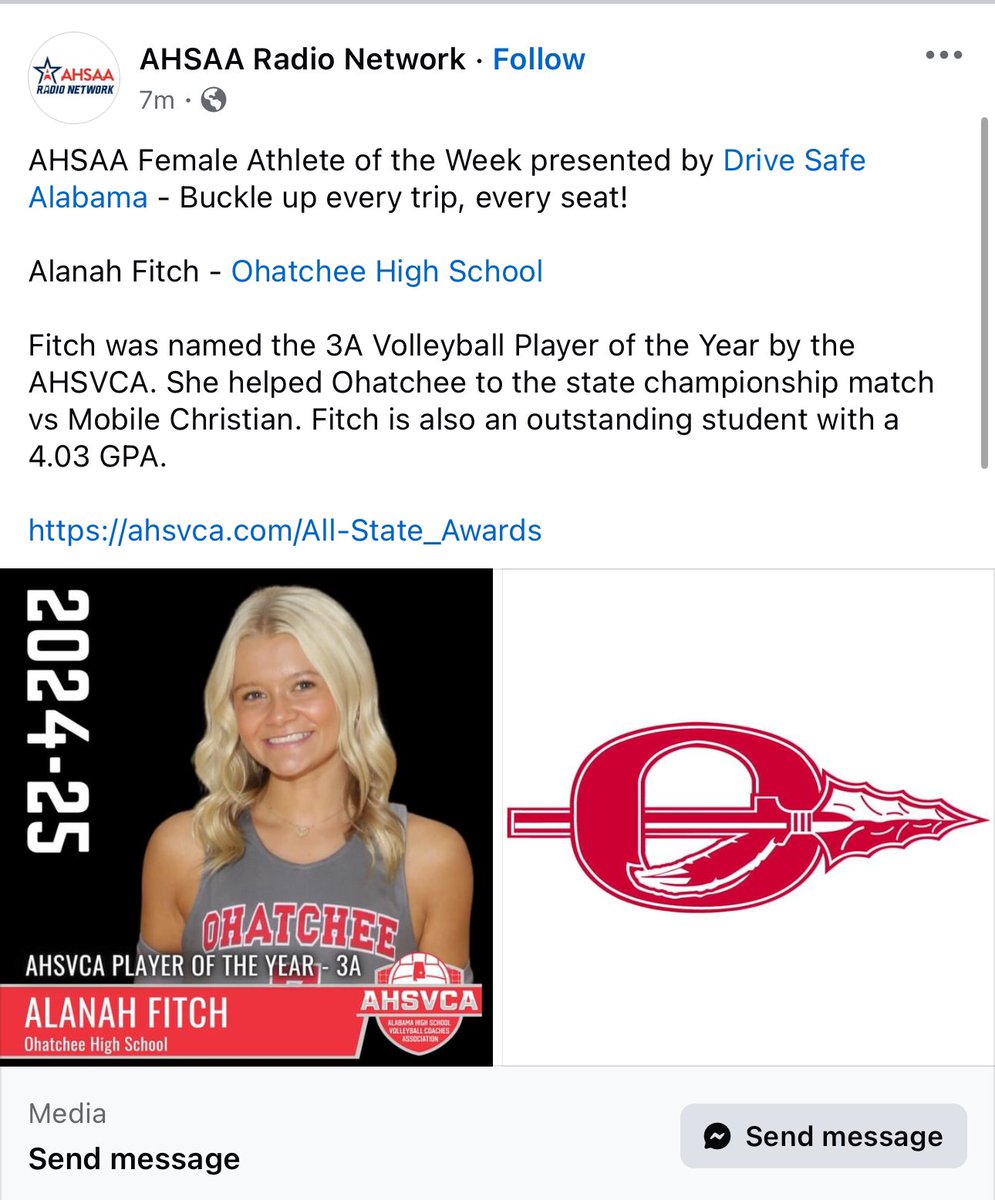 AlanahFitch8's tweet photo. Thankful to receive “AHSAA Female Athlete of the Week presented by Drive Safe Alabama - Buckle up every trip, every seat!” 
@ChampionsSA16 @UNA_Volleyball @BerryVolleyball @SouthAlabamaVB @UAHVolleyball @gadsden_state https://t.co/wXPFeN6KRq