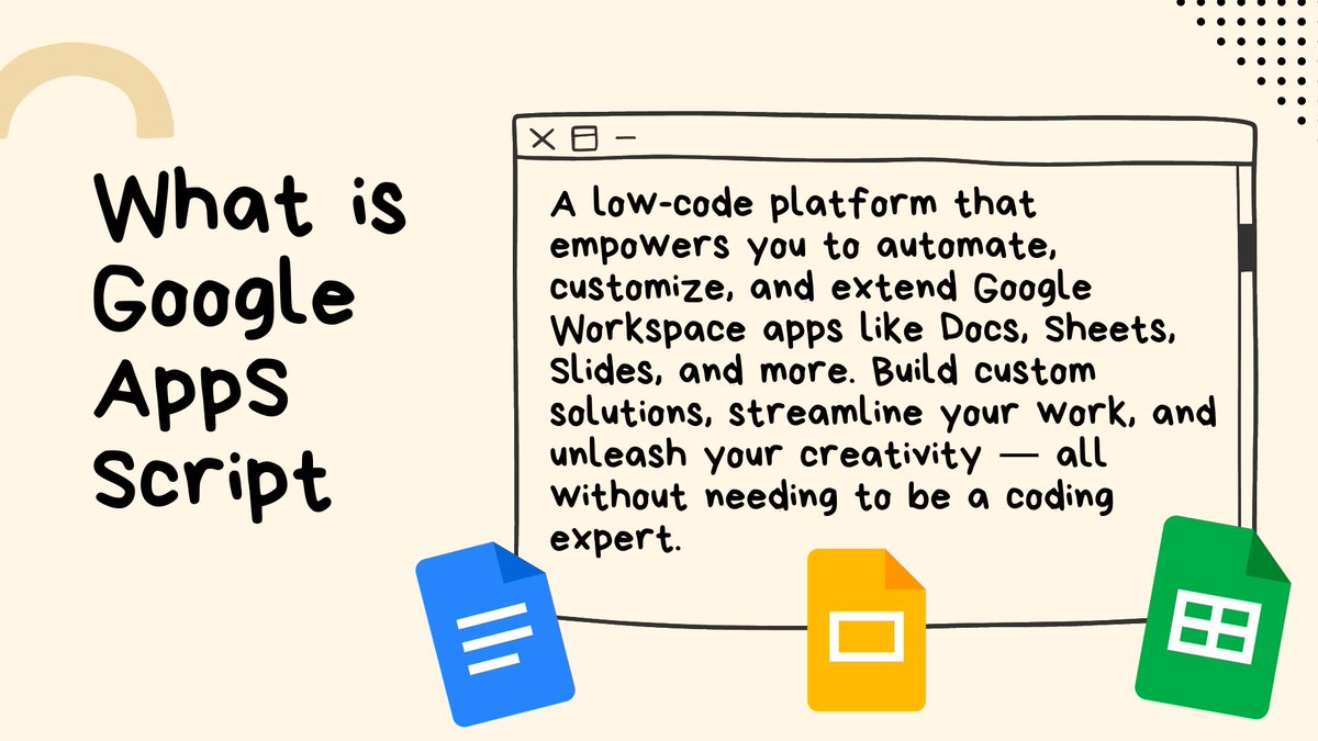 alicekeeler's tweet image. What is Google Apps Script?
A low code way to extend the capabilities of Google Docs, Sheets, Slides, etc... 
#GoogleEDU #AppsScript