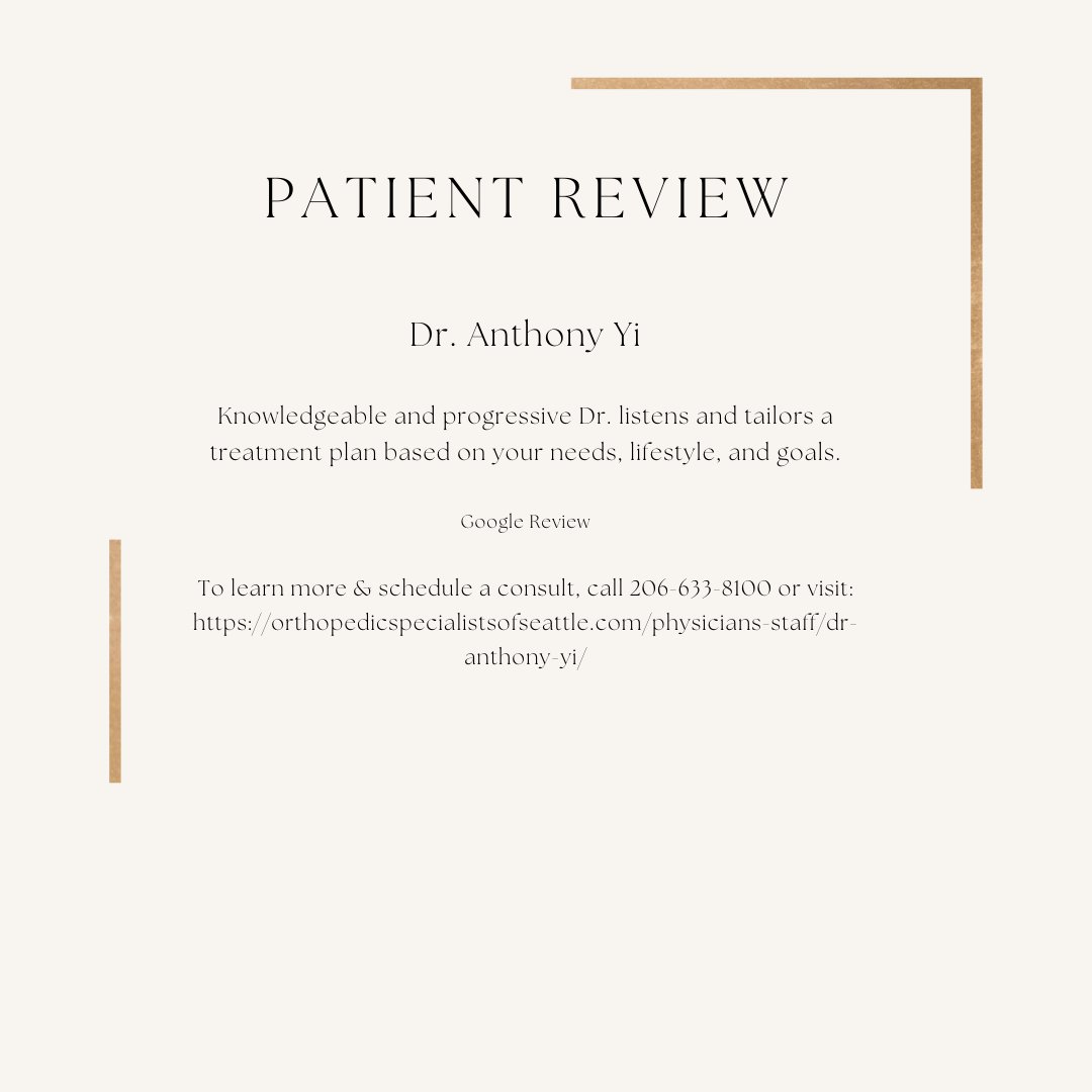 Patient reviews can helps others choose a provider for an orthopedic need. 

Have a Foot or Ankle Condition? Dr. Anthony Yi would enjoy seeing you for a consultation. Visit to request an online appointment <a href="/OSS_Surgeons/">OSS</a> or call 206-633-8100.