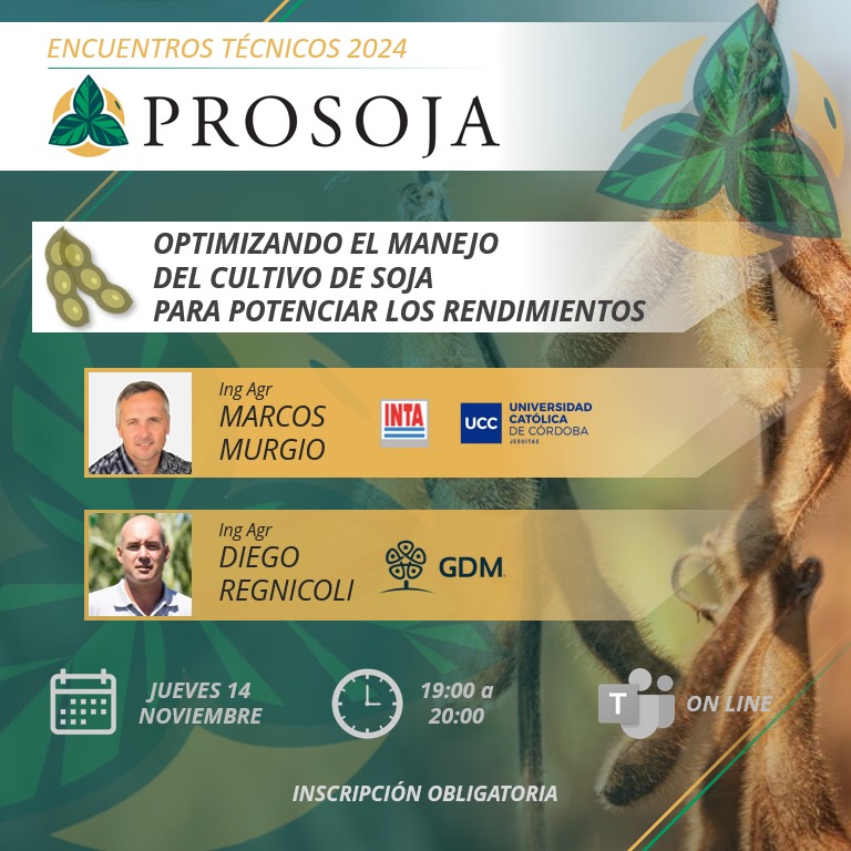 PROSOJA 🌱🇦🇷 (@prosoja_arg) on Twitter photo 2do Encuentro Técnico 2024 #PROSOJA🌱🇦🇷
Excelente oportunidad para comprender junto a <a href="/MurgioMarcos/">Marcos Murgio</a> y <a href="/diego_regnicoli/">Diego Regnicoli</a> las mejores estrategias para potenciar el rinde del cultivo de #Soja
<a href="/IntaManfredi/">INTA Manfredi</a>
<a href="/GDMSeeds/">GDM</a>
🗓️ jue 14 Nov
⏰ 19:00 a 20:00
💻 teams
📝forms.gle/HikPQ4NP6wraUs… 2do Encuentro Técnico 2024 #PROSOJA🌱🇦🇷
Excelente oportunidad para comprender junto a <a href="/MurgioMarcos/">Marcos Murgio</a> y <a href="/diego_regnicoli/">Diego Regnicoli</a> las mejores estrategias para potenciar el rinde del cultivo de #Soja
<a href="/IntaManfredi/">INTA Manfredi</a>
<a href="/GDMSeeds/">GDM</a>
🗓️ jue 14 Nov
⏰ 19:00 a 20:00
💻 teams
📝forms.gle/HikPQ4NP6wraUs…