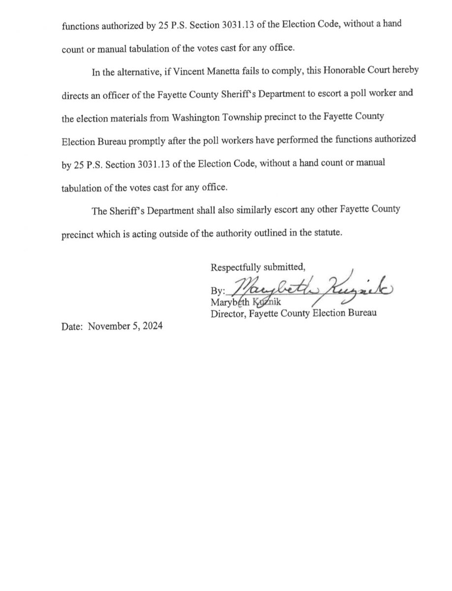 NEW: The election director for Fayette County, PA, filed a new case claiming a township election judge is planning to hand-count ballots in violation of state law, even after being told he cannot do that. Asking for an order compelling the official to comply, and if he won't, to