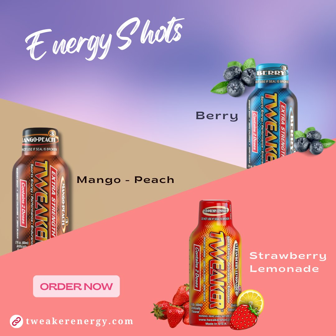 Boost your day with a burst of flavor! 🍓🍑🍋 Whether you're feeling Berry, Mango-Peach, or Strawberry Lemonade, Tweaker Energy Shots are here to fuel your hustle. 💥 Grab yours now and keep the energy going! 💪✨ #TweakerEnergy #FuelYourDay #EnergyBoost #energydrink