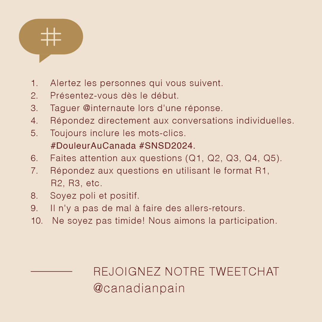 Joining our TweetChat? Here’s how to make the most of it. 

🍁

Vous participez à notre TweetChat ? Voici comment en tirer le meilleur parti.

#CanadianPainLIVE #NPAW2024 #DouleurAuCanada #SNSD2024 <a href="/adfurlan/">Andrea D. Furlan MD PhD PM&R</a> <a href="/AsafKlaf/">Asaf (Klaf) Weisman</a> <a href="/ibdgirl76/">Bev Schechtman🇮🇱</a> <a href="/EoinKr/">Eoin Kelleher</a>