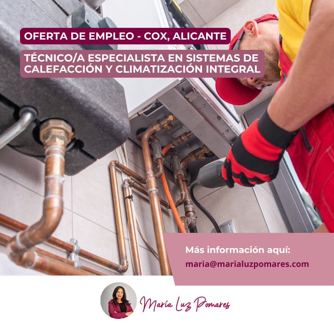 MariaLuzPomares's tweet photo. Si deseas más información o crees que cumples con el perfil y requisitos, envíanos tu CV a través de nuestra web: https://t.co/4CQ98OYmIm 

#hiring #trabajoenAlicante #Cox #técnico #climatización #rrhh https://t.co/jEZqbBEzH7