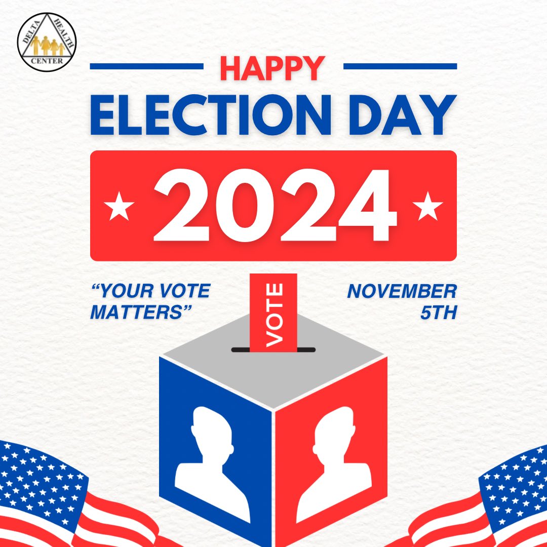deltahealthcent's tweet photo. 🗳️ Election Day 2024: Your Voice Matters! 🗳️
Today is the day we make our voices heard. Voting isn’t just a right—it’s a responsibility.
Delta Health Center reminds you that today is Election Day!
#ElectionDay2024 #VoteForHealth #YourVoiceMatters https://t.co/r2nf2hrAR6