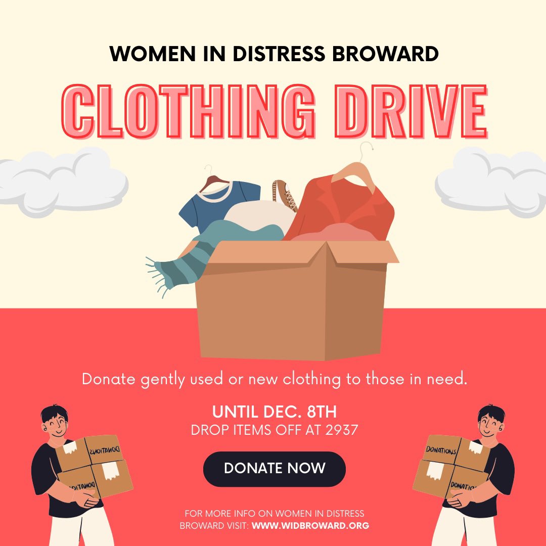 We are running a clothing drive for Women in Distress Broward ♥️ if you have any lightly used or new clothing items you no longer use or wear, please consider donating ♥️
