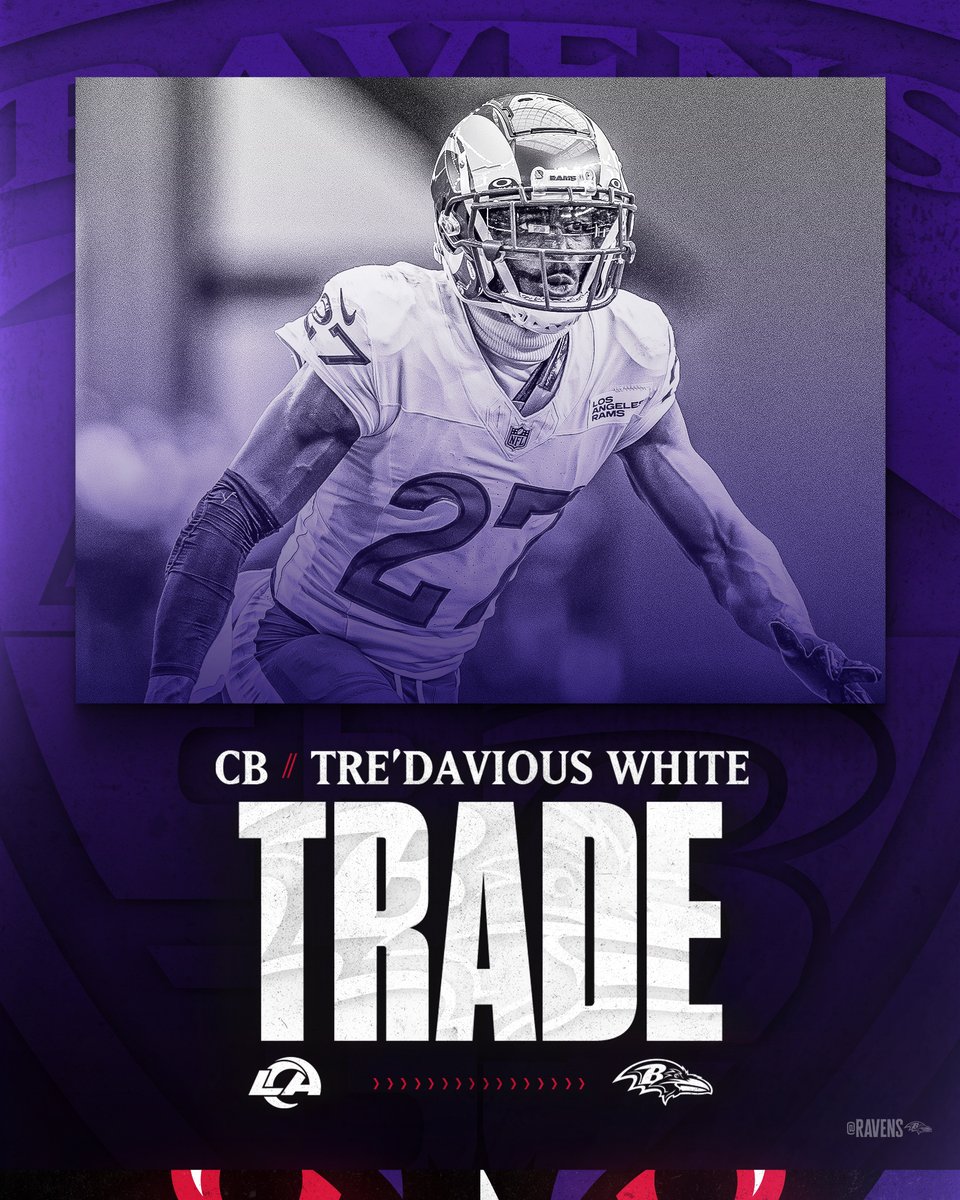 Ravens's tweet photo. We have acquired CB Tre'Davious White via a trade with the Los Angeles Rams❗ https://t.co/lXvjU1vJfG