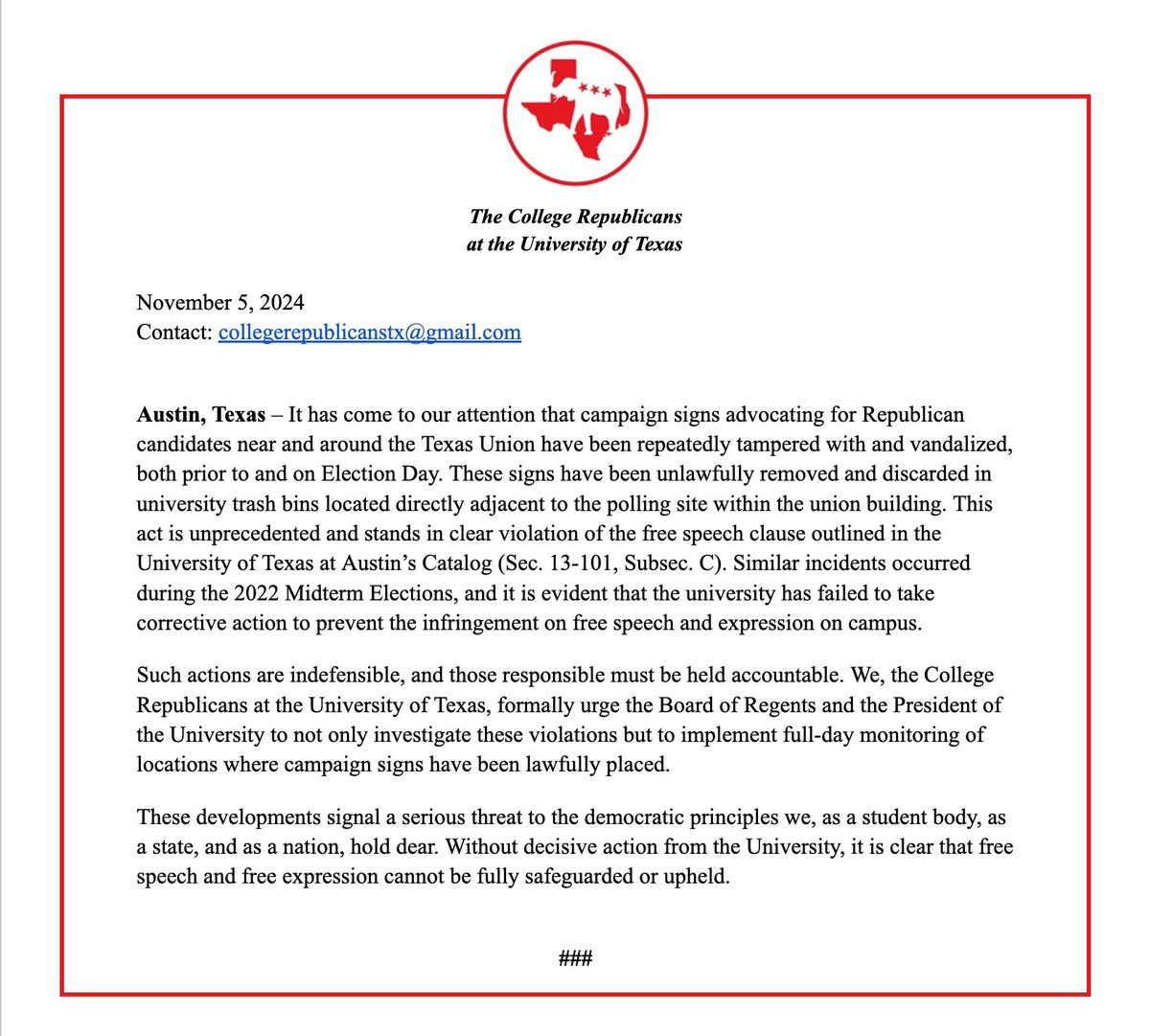 Our Statement on the Vandalism of Republican Campaign Signs On Campus: