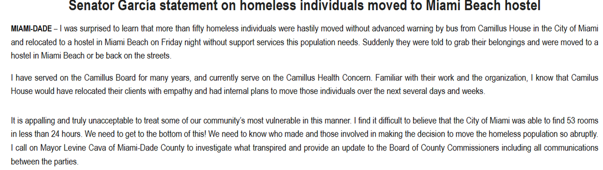 doug_hanks's tweet photo. Miami-Dade commissioner on the Camillus House board is demanding an investigation into why shelter residents there were moved to Miami Beach. Garcia supportive of Camillus. His statement comes a day before BCC votes to keep Ron Book head of homeless board. Sure to come up https://t.co/Yi0YfPNsQE