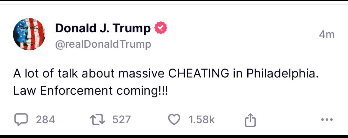 WalshFreedom's tweet image. He’s lying. Again. He’s setting the table to scream “stolen” election. Again. He’s inciting violence. Again. He’s being a traitor. Again.