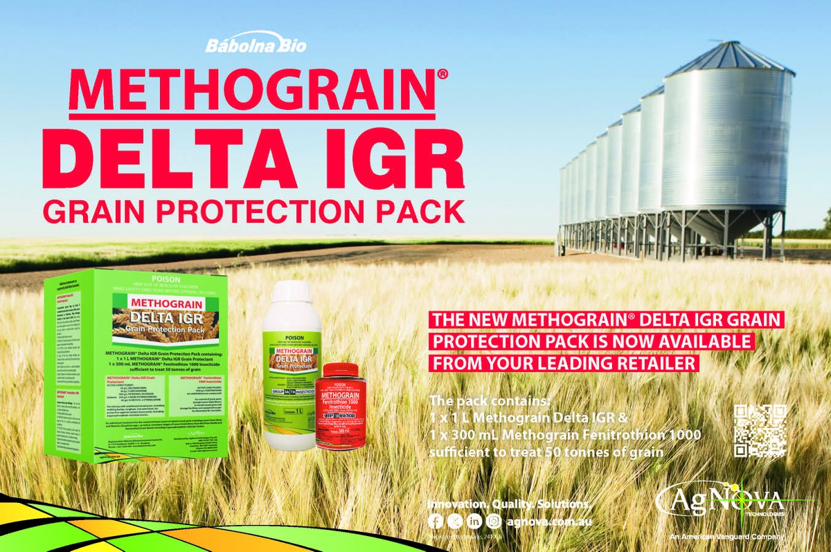 agnovatech's tweet photo. Now in an easy-to-use Grain Protection Pack: 
1 x 1 L Methograin Delta IGR Grain Protectant plus 1 x 300 mL Methograin Fenitrothion 1000 Insecticide.
Sufficient to treat 50 tonnes of grain.
For more information: https://t.co/tBJXvCTs6V
#methograin #grain https://t.co/ODM8mTTZwy