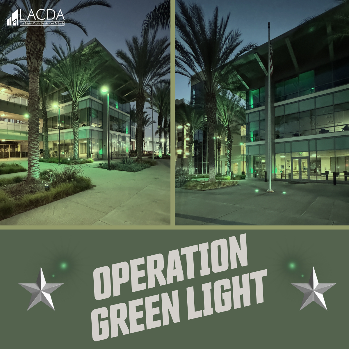 LACDevAuthority's tweet image. Shine your 🟩 light! The #LACDA is excited to join agencies across the nation in launching #OperationGreenLight for #Veterans, an initiative designed to shine a light on the service of our veterans and their families. This week, our headquarters is illuminated green in support.