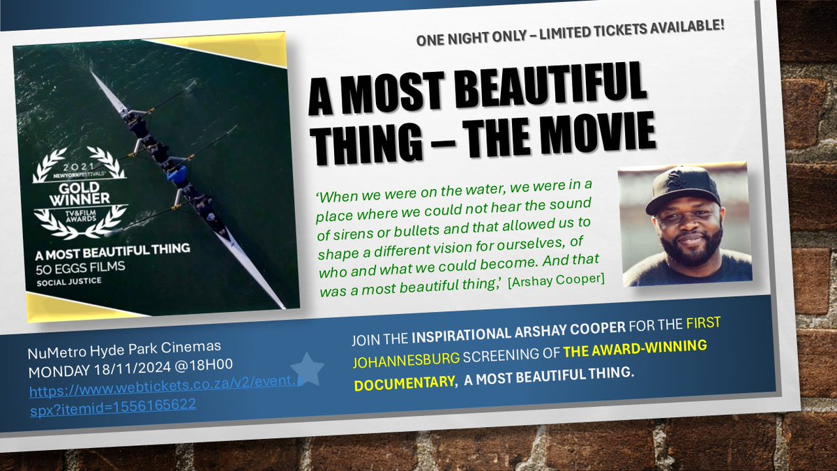 A Most Beautiful Thing.  An opportunity to join award winning author and social activist, Arshay Cooper, at the movies. One night only - Jhb and CPT.  More on mailchi.mp/5333031fd3d9/y…