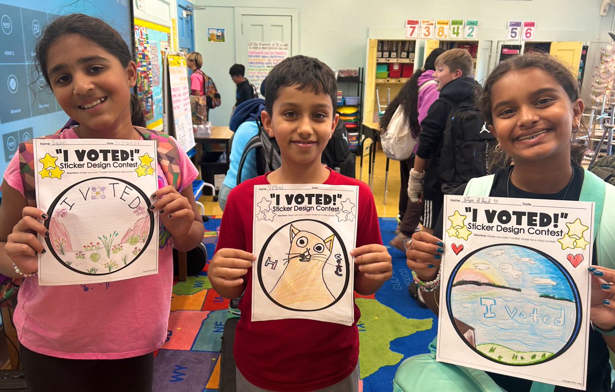 Get out there and #vote ❤️🤍💙 These 5th graders designed “I Voted” stickers that THEY would like to see when it’s their turn! #ElectionDay #Proud2BNHPGCP