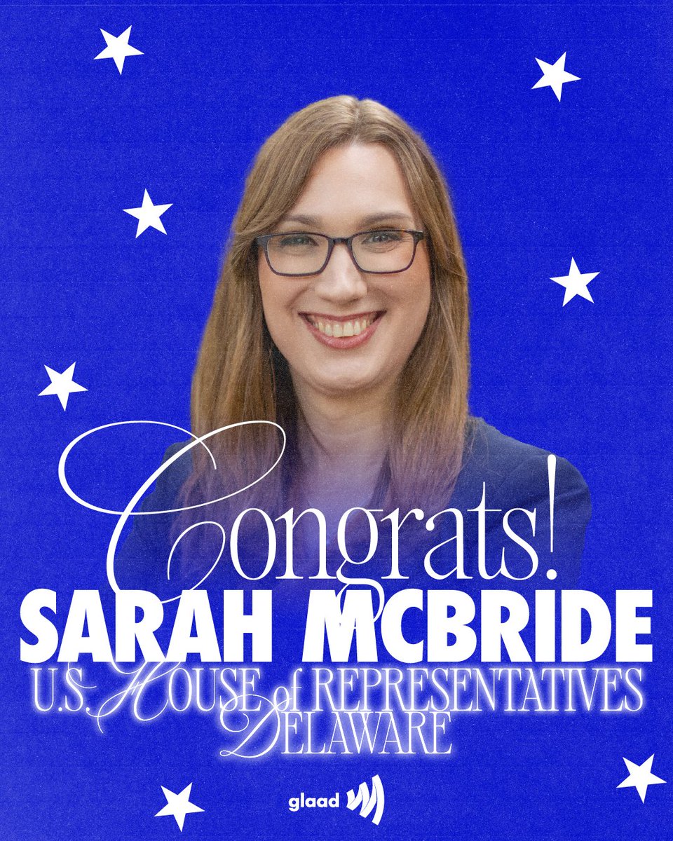 GLAAD (@glaad) on Twitter photo Sarah McBride just made history and will be the first out transgender member of Congress! π³οΈββ§οΈ
Statement from GLAADβs President and CEO <a href="/sarahkateellis/">Sarah Kate Ellis</a>: βThe election of Sarah McBride is groundbreaking for the transgender community and our entire country, and it is no surprise. Sarah McBride just made history and will be the first out transgender member of Congress! π³οΈββ§οΈ
Statement from GLAADβs President and CEO <a href="/sarahkateellis/">Sarah Kate Ellis</a>: βThe election of Sarah McBride is groundbreaking for the transgender community and our entire country, and it is no surprise.