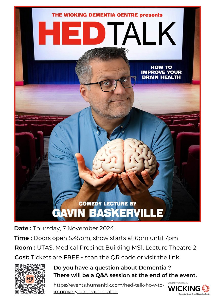 CantyAlison's tweet image. Excited about this collaborative project using comedy to communicate information about dementia prevention. Listen to Gavin and I talking on ABC radio about our 'comedy lecture about brain health' - grand opening on 7 Nov in Hobart. Listen from 1h30m abc.net.au/listen/program…