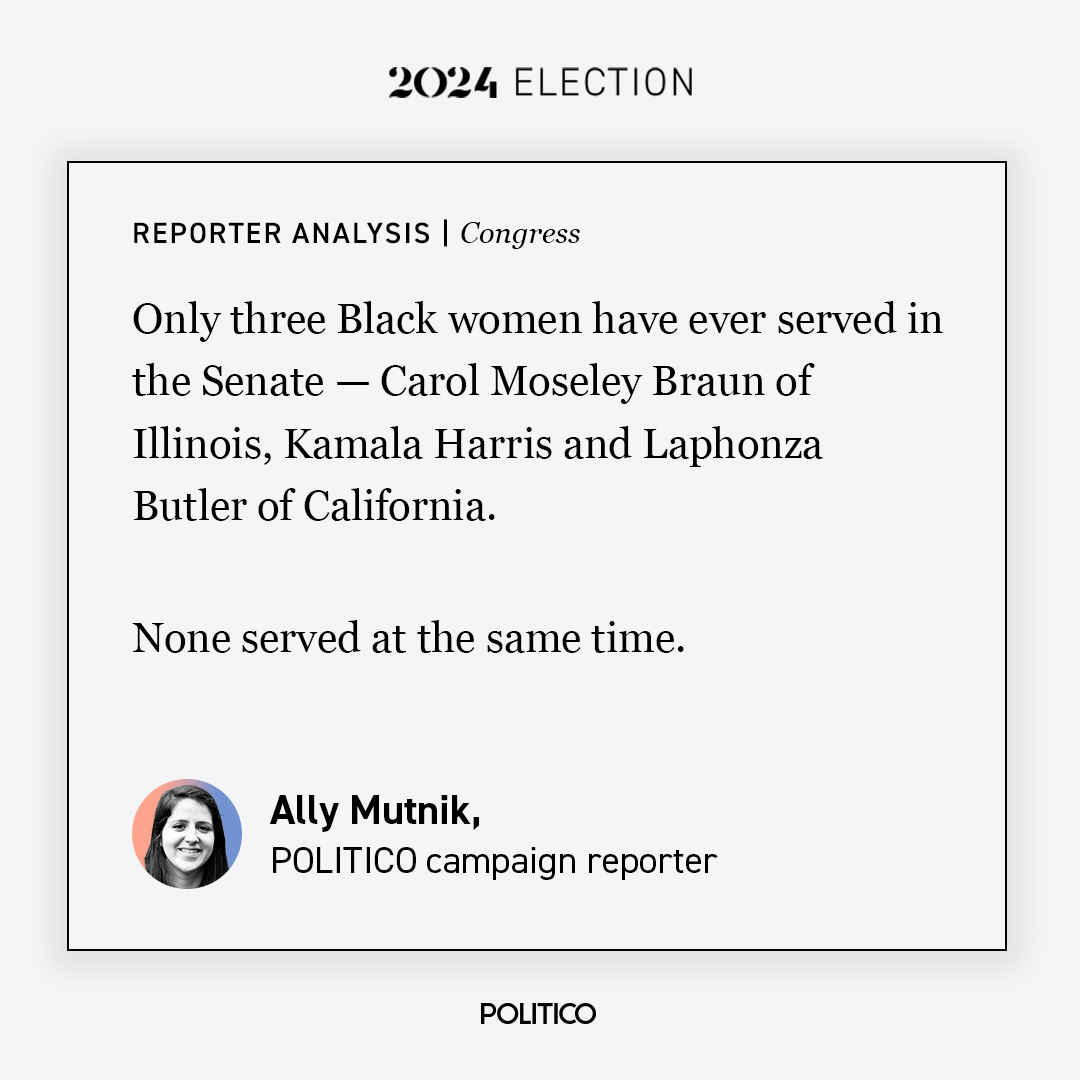Angela Alsobrooks' win in Maryland and Lisa Blunt Rochester's win in Delaware means there will be two Black women serving in the Senate together *for the first time in U.S. history.*

Follow for more live analysis: politico.com/2024