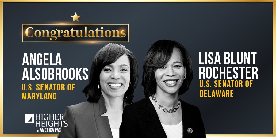 Higher Heights PAC (@higherheightpac) on Twitter photo For the first time in history, two Black women will serve in the U.S. Senate at once. <a href="/LisaBRochester/">Lisa Blunt Rochester</a> & <a href="/AlsobrooksForMD/">Angela Alsobrooks</a> are the 3rd and 4th Black women elected to the U.S. Senate.
#MoreThanOne #BlackWomenLead For the first time in history, two Black women will serve in the U.S. Senate at once. <a href="/LisaBRochester/">Lisa Blunt Rochester</a> & <a href="/AlsobrooksForMD/">Angela Alsobrooks</a> are the 3rd and 4th Black women elected to the U.S. Senate.
#MoreThanOne #BlackWomenLead