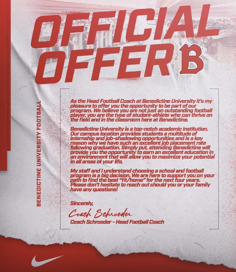 I am truly blessed to announce my 2nd official offer from <a href="/BenUFootball/">Benedictine Football</a> 
<a href="/CoachSchradesBU/">Coach Schroeder</a> 
<a href="/NCWHS_Football/">Normal West Football</a>  <a href="/CoachFincham83/">Nathan Fincham</a> 
#AGTG