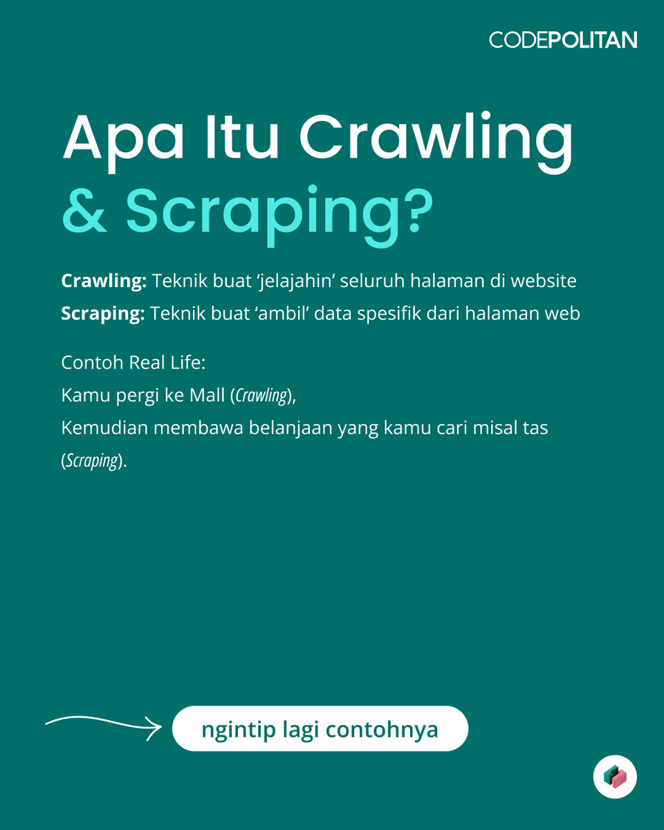 codepolitan's tweet image. Crawling &amp;amp; Scraping bisa banget bikin kerjaan web developer makin efektif. Teknik ini bisa jadi jurus rahasia para developer..

ada yang udah coba?
atau ada rekomendasi tools lain? gas kita bocorin di caption 😎

#Crawling #Scraping #ToolsWebDeveloper #Programming