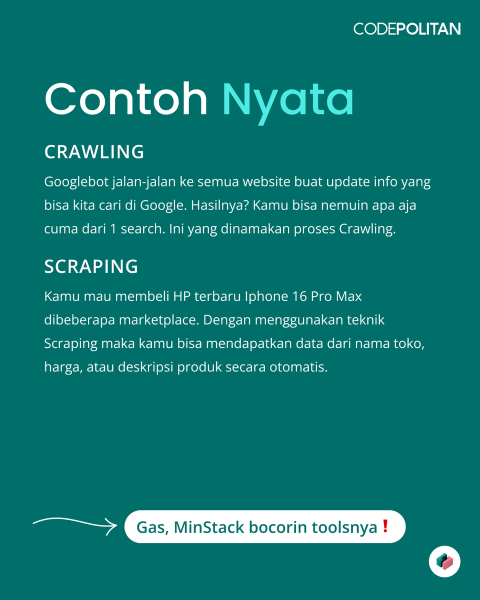 codepolitan's tweet image. Crawling &amp;amp; Scraping bisa banget bikin kerjaan web developer makin efektif. Teknik ini bisa jadi jurus rahasia para developer..

ada yang udah coba?
atau ada rekomendasi tools lain? gas kita bocorin di caption 😎

#Crawling #Scraping #ToolsWebDeveloper #Programming