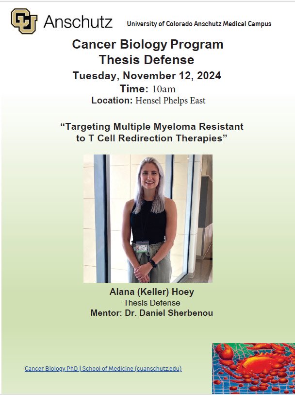 CU Anschutz Cancer Biology Graduate Program (@cucancerbio) on Twitter photo Mark your calendar for Alana Keller’s thesis defense next Tuesday! <a href="/AlanaKelScience/">Alana (Keller) Hoey, PhD</a> <a href="/DanielSherbenou/">Daniel Sherbenou, MD, PhD</a> #BestYouCANB Mark your calendar for Alana Keller’s thesis defense next Tuesday! <a href="/AlanaKelScience/">Alana (Keller) Hoey, PhD</a> <a href="/DanielSherbenou/">Daniel Sherbenou, MD, PhD</a> #BestYouCANB