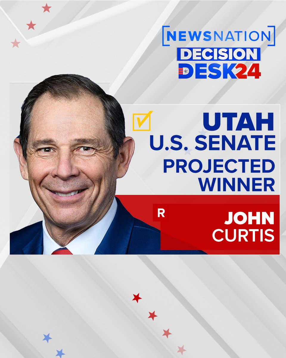 NewsNation's tweet photo. UTAH RACE CALLED: Republican State Rep. @CurtisUT is projected to win the #UTSenate race, according to @NewsNation / @DecisionDeskHQ. #Election2024 #Utah Live Updates: https://t.co/85vhWLOGoq https://t.co/S9zS9l7Tdg