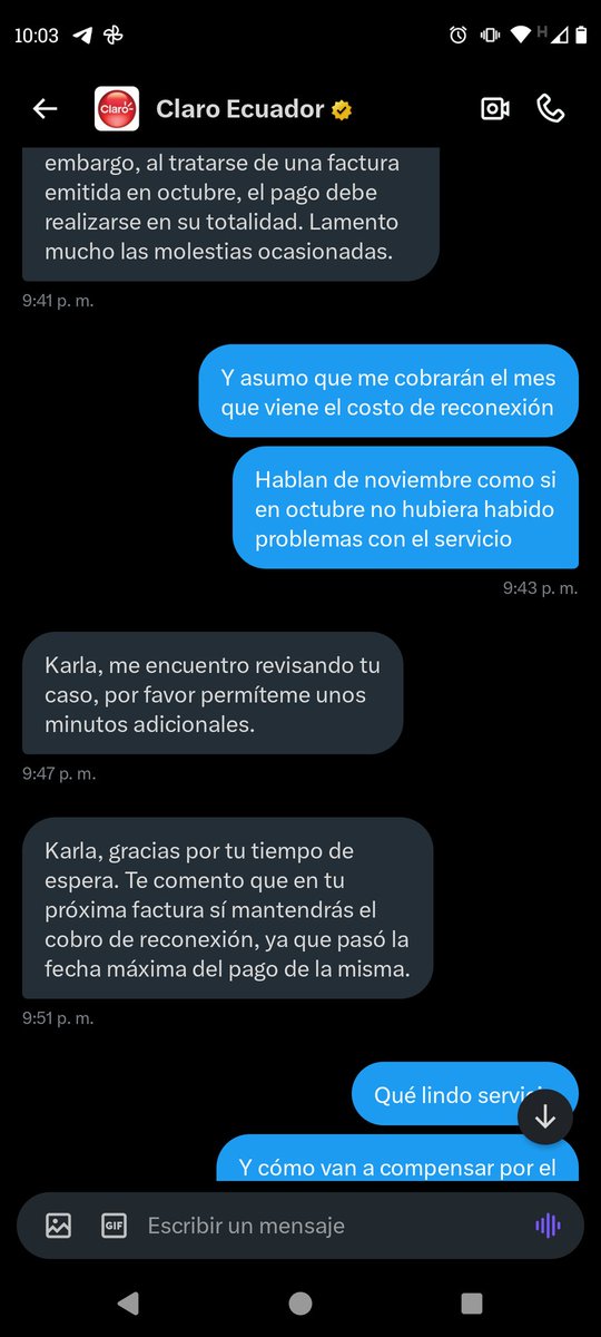Keb_veggie's tweet photo. @Presidencia_Ec @ClaroEcua Lindo servicio el de @ClaroEcua el mes que viene me cobrarán multa por reconexión... Quién les multa a ellos por no cumplir con el contrato?? En el mes de octubre en todos los cortes de energía eléctrica no tuve señal y noviembre vamos igual https://t.co/hKJtOhoKQm