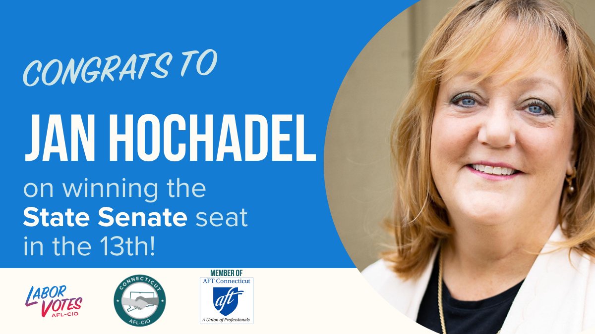 Congratulations to <a href="/AFTCT/">AFT Connecticut</a> leader <a href="/hochadel_jan/">jan hochadel</a> on her re-election to the State Senate! <a href="/AFTunion/">AFT</a> #LaborVotes