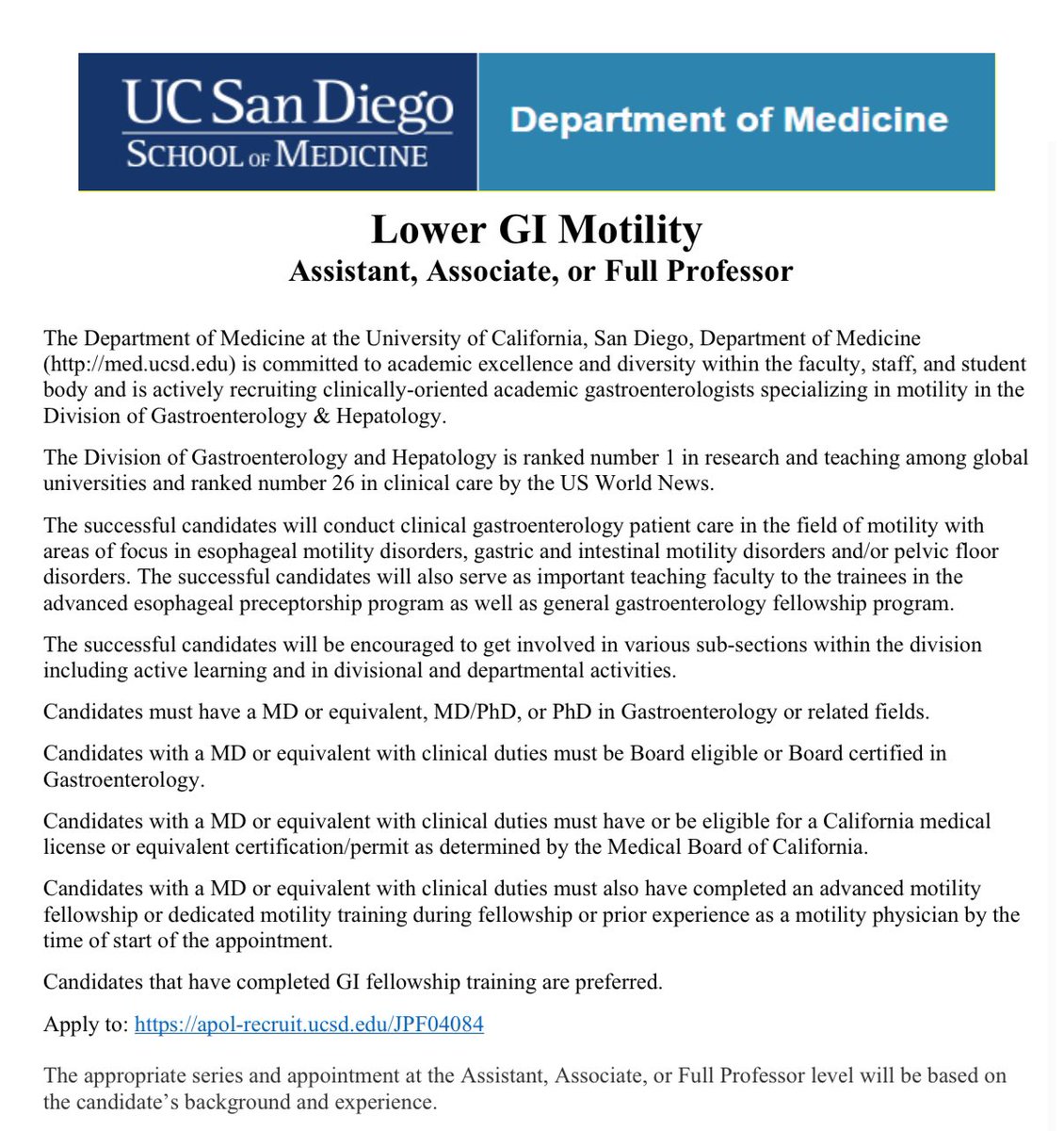 UCSD Gastroenterology (@ucsd_gi) on Twitter photo Interested in a lower GI motility position?
Come join us at <a href="/UCSD_GI/">UCSD Gastroenterology</a> ; application details @ apol-recruit.ucsd.edu/JPF04084 Interested in a lower GI motility position?
Come join us at <a href="/UCSD_GI/">UCSD Gastroenterology</a> ; application details @ apol-recruit.ucsd.edu/JPF04084
