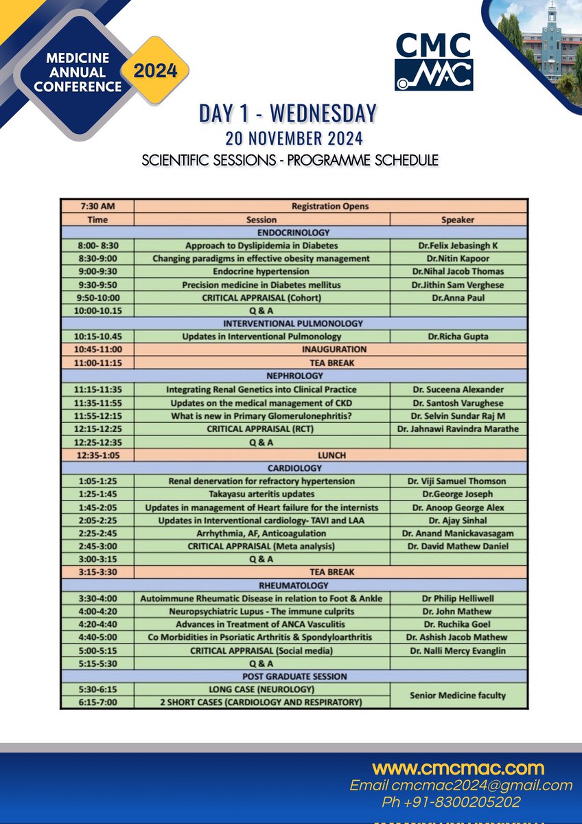 CMCMAC2025's tweet photo. 🩺 Join us for Day 1 of the 9th Medical Annual Conference at CMC Vellore on Nov 20! 🌐

Get ready for impactful sessions in Endocrinology, Pulmonology, Nephrology, Cardiology &amp; Rheumatology from top experts.

📌 Highlights: Precision medicine, renal genetics

#CMCMAC2024 https://t.co/k8lThkkNJP