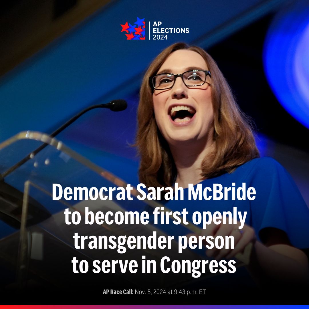 Delaware state Sen. Sarah McBride has been elected to the U.S. House and will become the first openly transgender person to serve in Congress. bit.ly/3YCTK4t