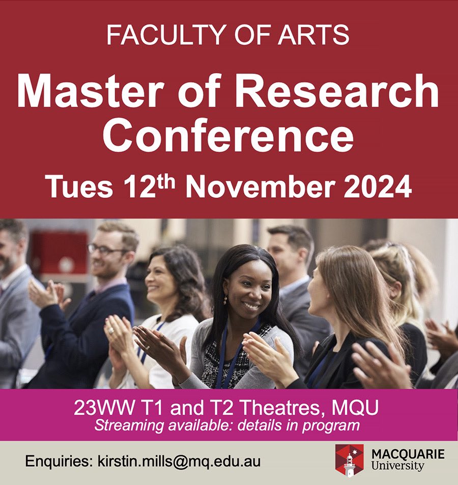 📣 Our next Master of Research Conference is next week! Come along on Tuesday 12th November to hear about some of the stellar research being done in the <a href="/ArtsMResMQ/">Arts Master of Research</a> degree at <a href="/Macquarie_Uni/">Macquarie University</a>! 
#ArtsMResConference