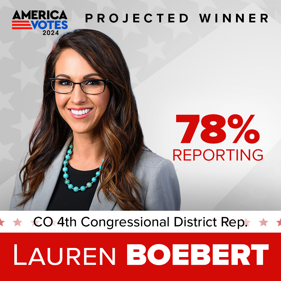 KOAA's tweet photo. Decision Desk HQ is projecting Lauren Boebert as the winner of the Colorado 4th Congressional District Representative, according to unofficial results.
More here: https://t.co/5sTkbWBu8K
#election2024 #coloradoelection https://t.co/FVN7sGSqVR