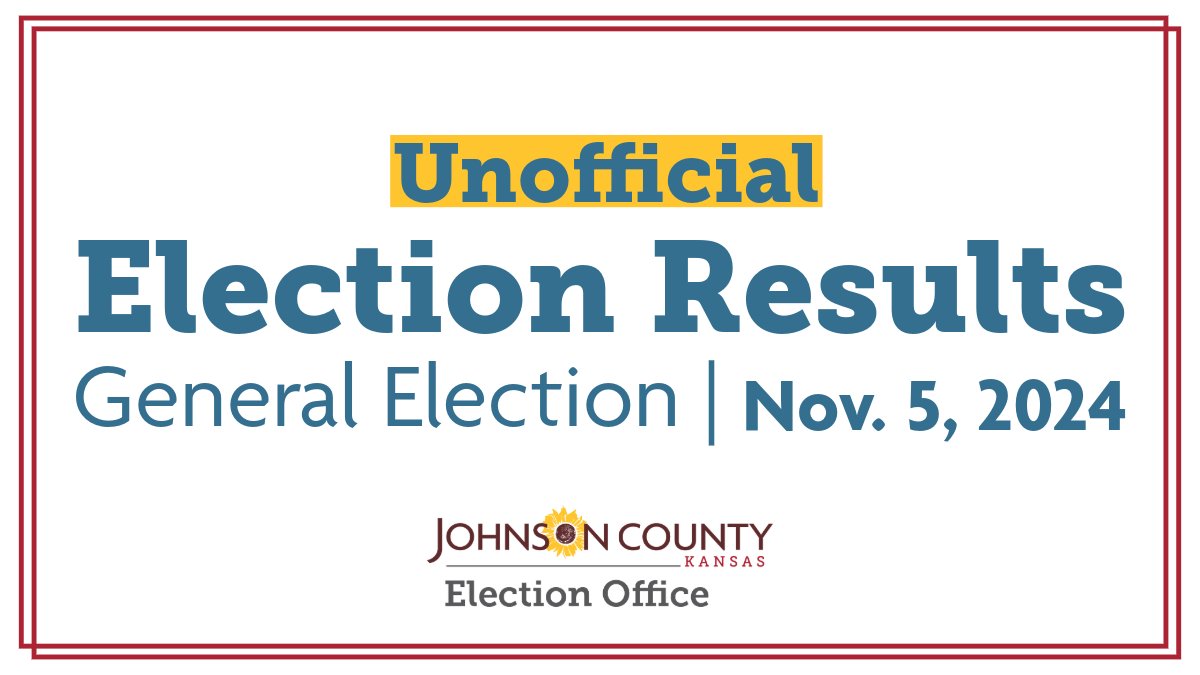 Johnson County Election Office (@jocoelection) on Twitter photo UNOFFICIAL FINAL RESULTS for the general election are now available at jocoelection.org.
This update includes all votes cast at our Election Day polling locations. This will be the final update to the unofficial results tonight.
Election results: bit.ly/3YDLNw8. UNOFFICIAL FINAL RESULTS for the general election are now available at jocoelection.org.
This update includes all votes cast at our Election Day polling locations. This will be the final update to the unofficial results tonight.
Election results: bit.ly/3YDLNw8.