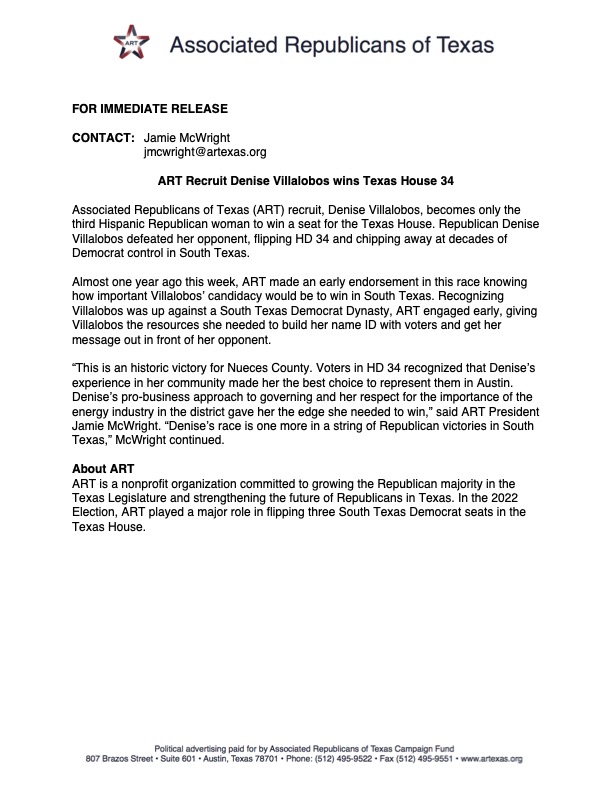 ART Recruit Denise Villalobos wins Texas House 34! #txlege