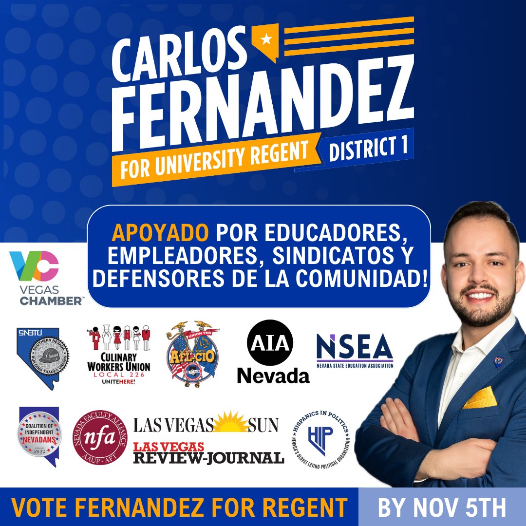 🗳️ ¡Elecciones! 🗳️

Voté por un futuro más fuerte en educación superior. Si estás en el Distrito 1 (Las Vegas y North Las Vegas), sería un honor contar con tu voto como Regente Universitario. Encuentra tu centro en iwillvote.com/nv. ¡Vamos a hacer la diferencia!