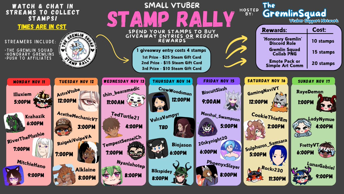 ✨Small Vtuber Stamp Rally is next week! ✨✨

Join us to support small VTubers, some who are on their journey to affiliate! 🎉

Collect stamps by tuning into streams and redeem them for special rewards or giveaway entries! 🎟️

#TheGremlinSquad #VTStampRally #VtuberSupport